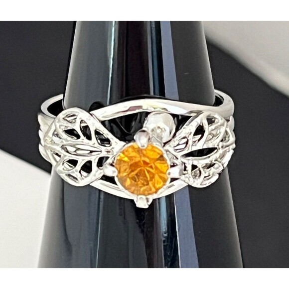Vintage Ring Silver Tone Prong Set Orange Crystal Rhinestone MCM Costume 4K - Picture 3 of 4